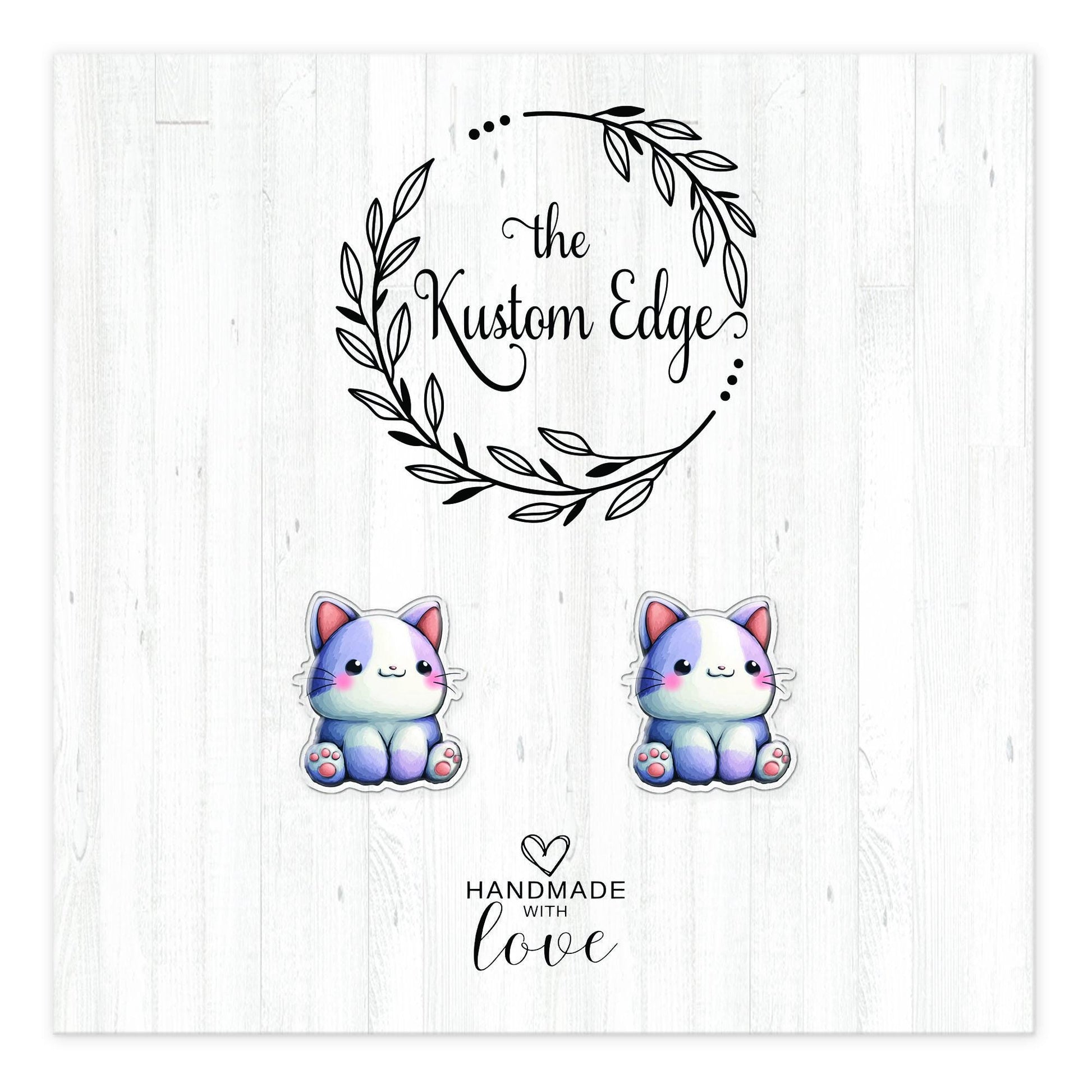 Pastel kitten stud earrings on The Kustom Edge branded earring card