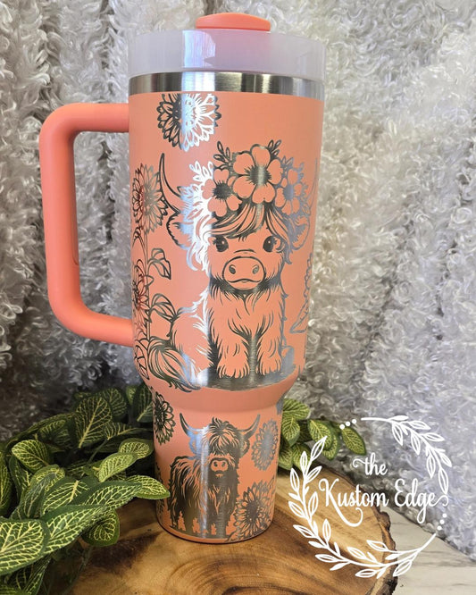 Laser engraved highland cow floral tumbler with custom name