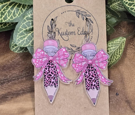 Teacher Pencil Earrings: Lightweight Laser Cut Acrylic with Cheetah Bow