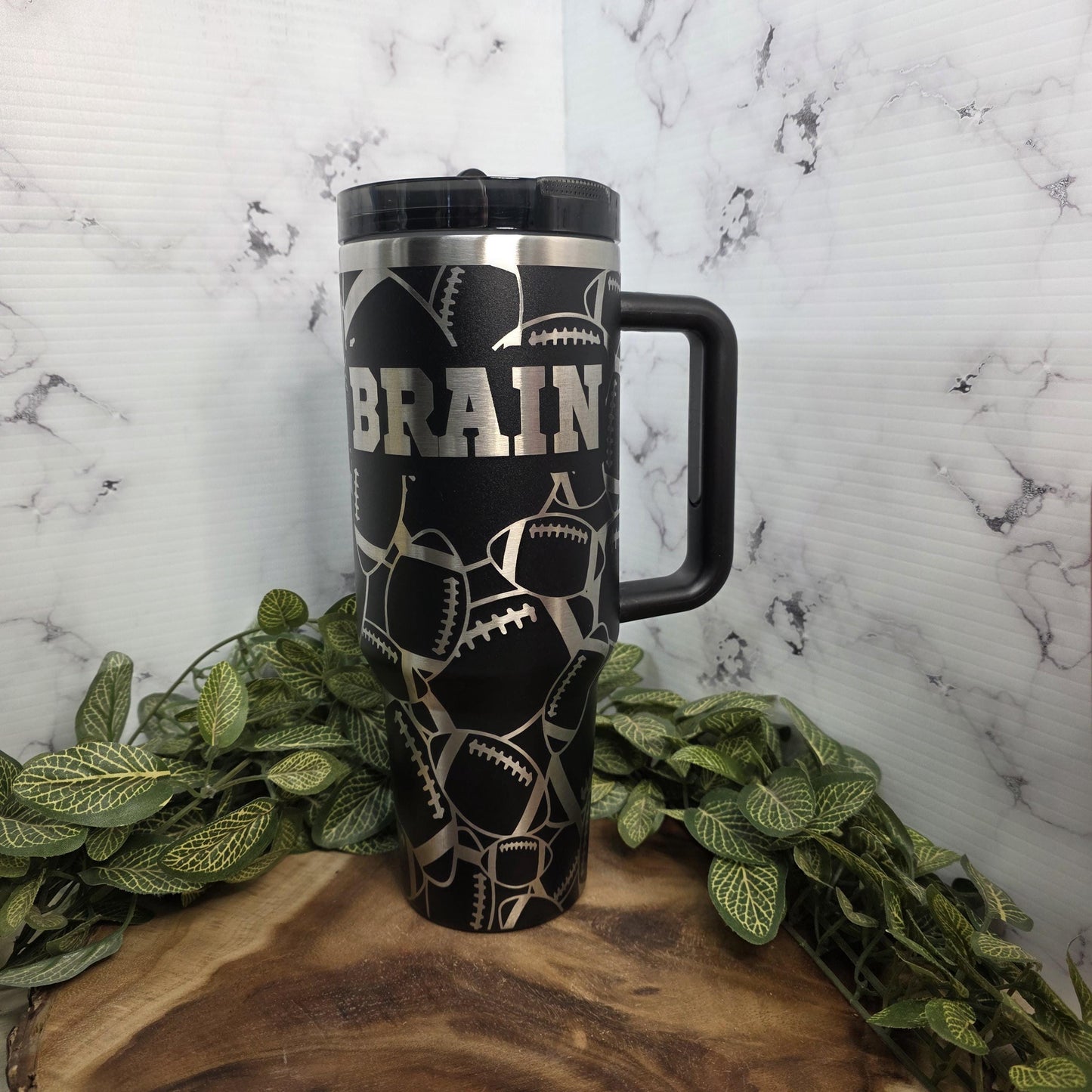 Personalized Football Tumbler with Handle & Straw, Game Day Stainless Steel Cup