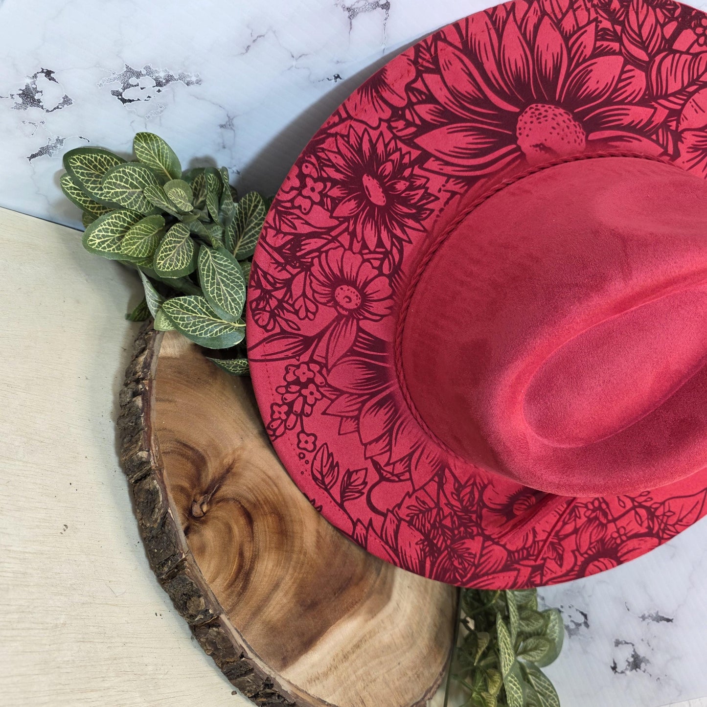 Western Horse Fedora Burned Hat, Boho Vegan Suede Wide Brim Hat