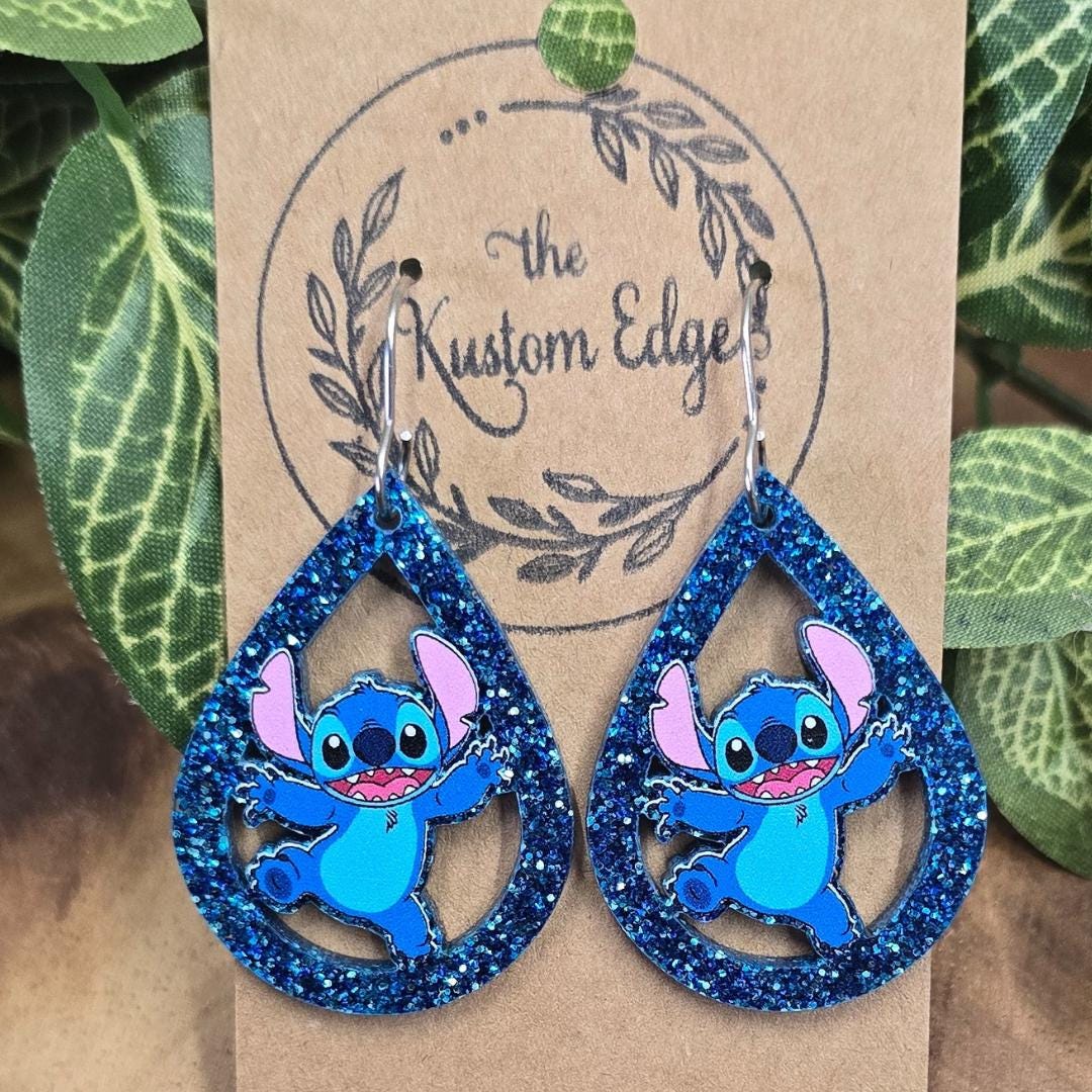 Stitch Dangle Earrings: Glitter Acrylic, Stainless Steel, Experiment 626