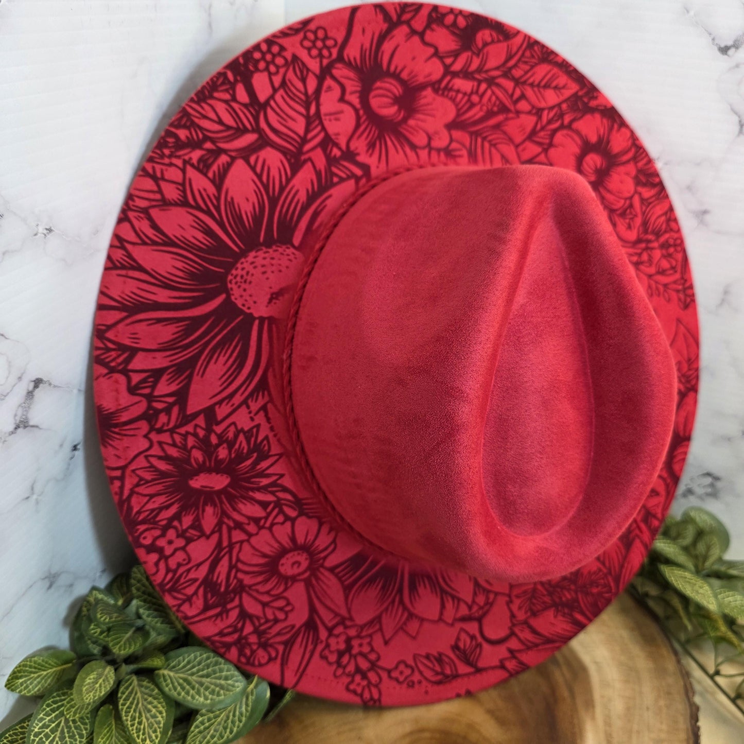 Western Horse Fedora Burned Hat, Boho Vegan Suede Wide Brim Hat