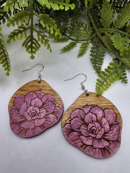 Hand Painted Rose Wooden Earrings image 0