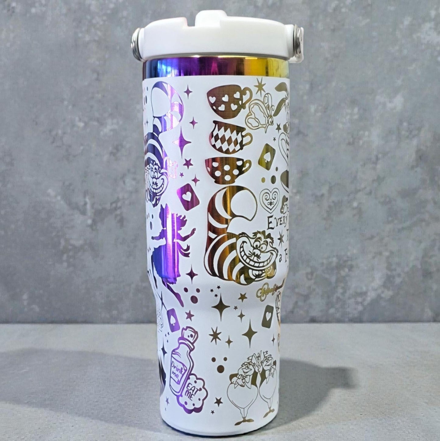 Alice in Wonderland Engraved 30oz Tumbler: 'We Are All Mad Here' Stainless Steel Cup