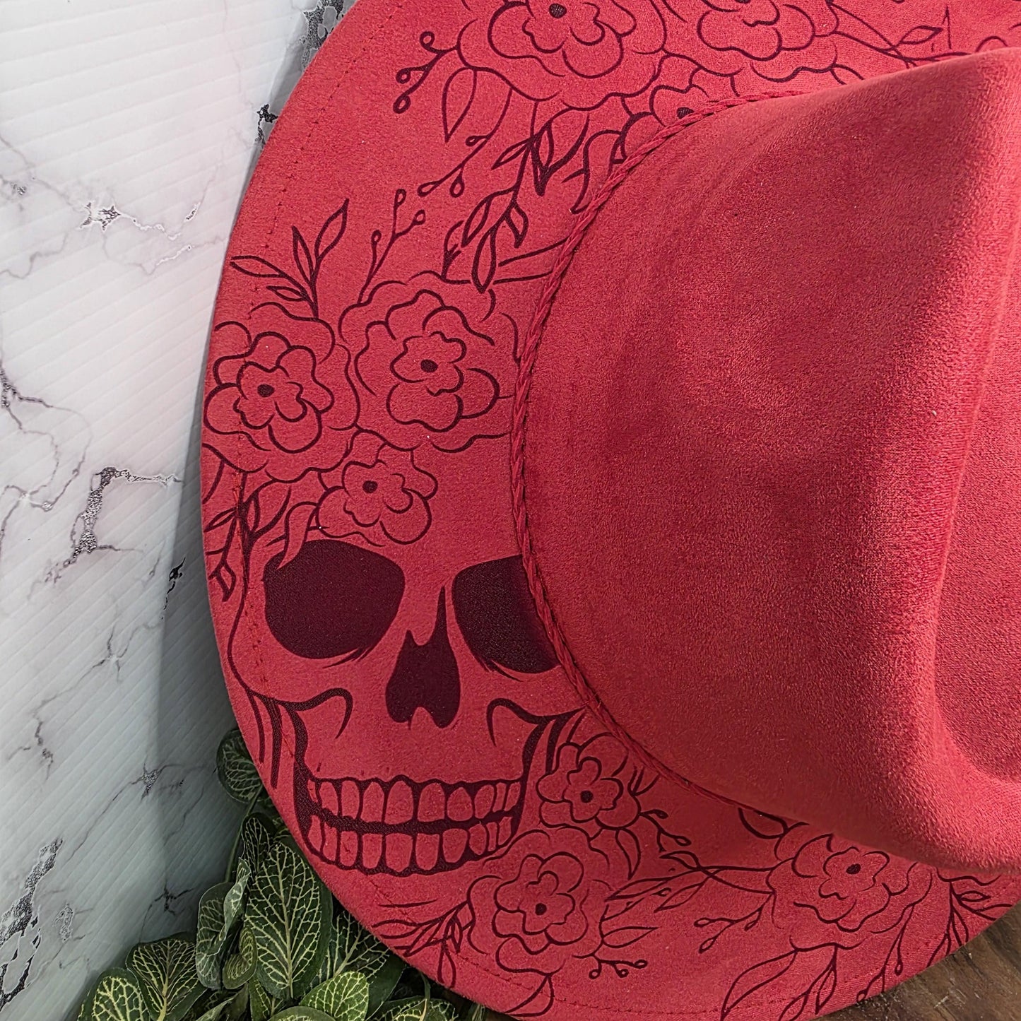 Sugar Skull Floral Wide Brim Hat, Laser Engraved Fedora, Skeleton Flower Hat