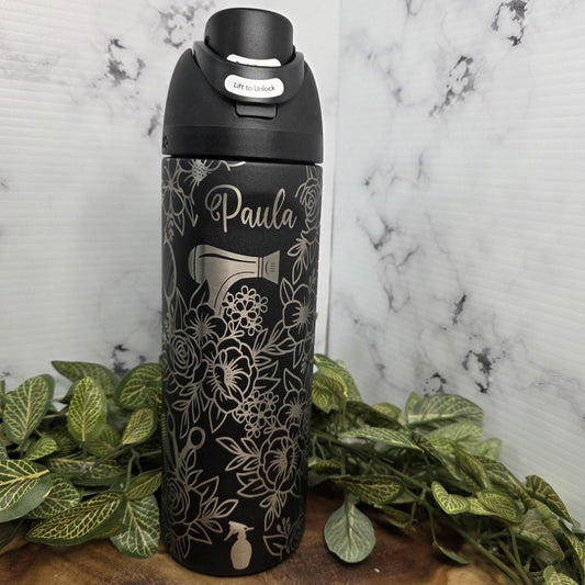 Hair Stylist Floral Tumbler Gift, Cosmetologist Cup Salon Tools, Stainless Steel Engraved Travel Mug
