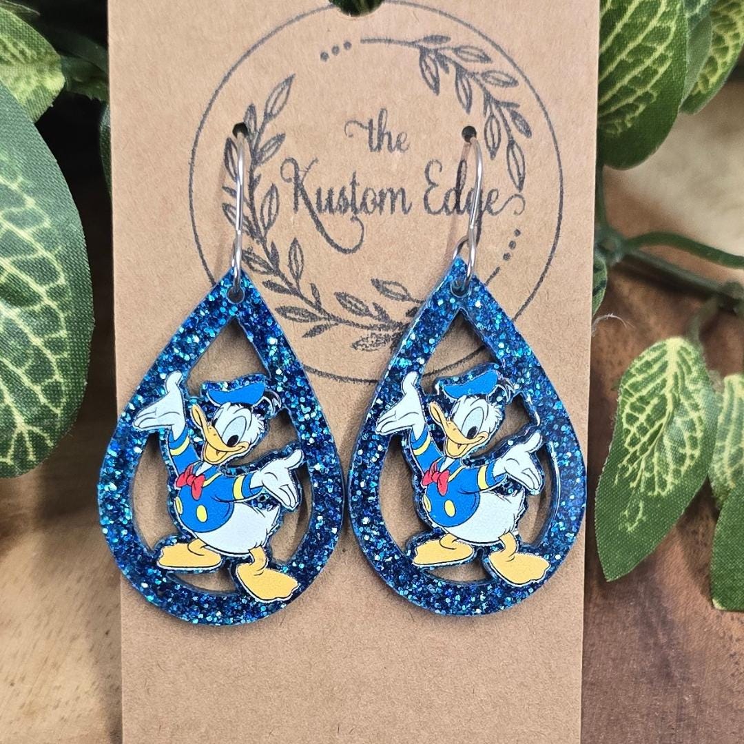 Donald Duck Dangle Earrings: Funny Duck, Blue Glitter Acrylic, Stainless Steel, Light Weight, Handmade
