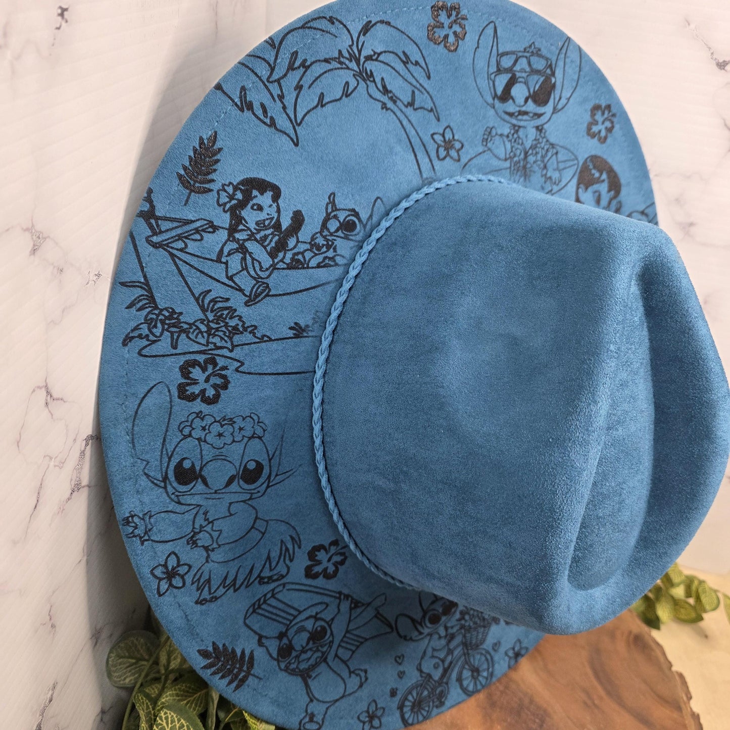Summertime Stitch Fedora Burned Hat, Silly Alien, Characters, Boho Vegan Suede Wide Brim Hat