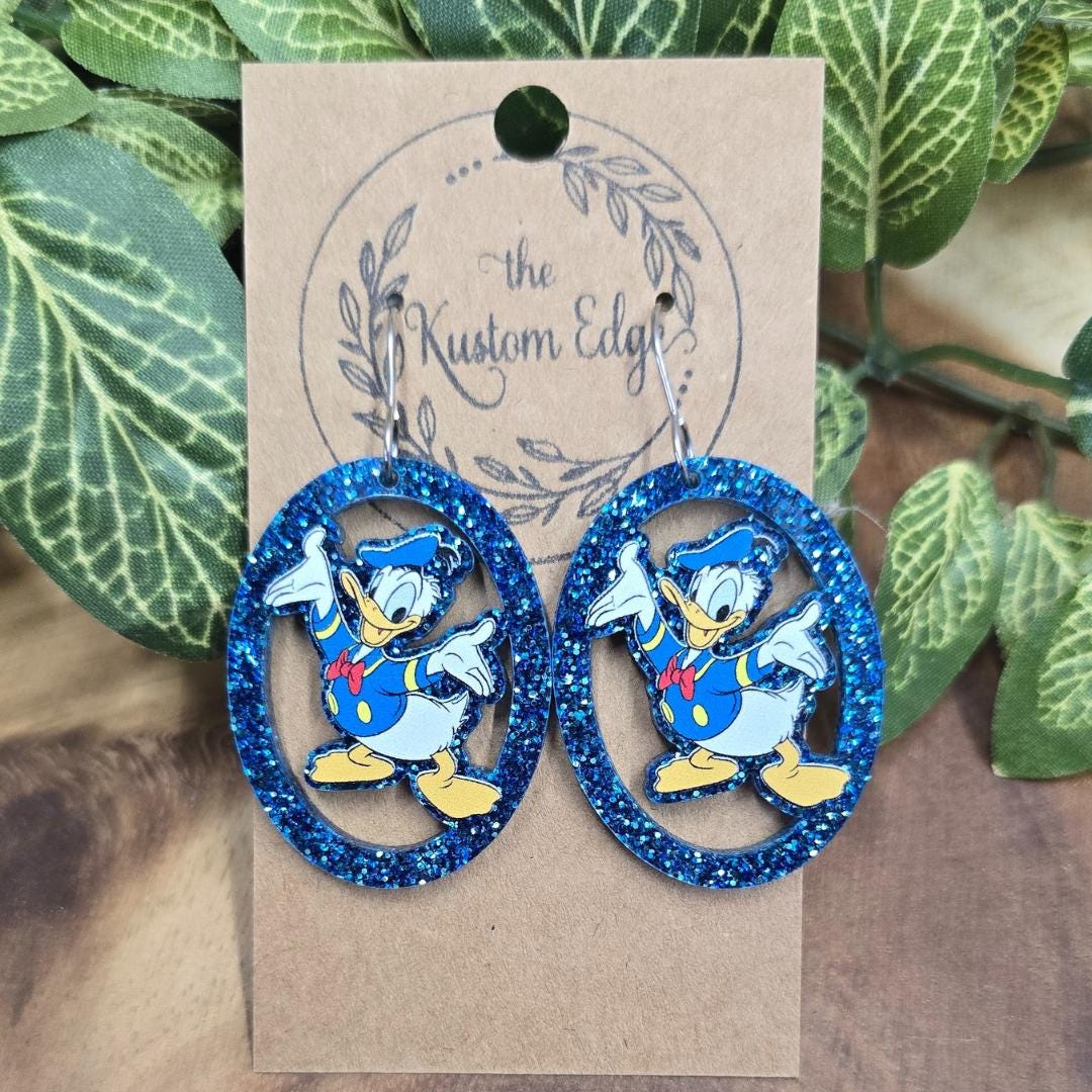 Donald Duck Earrings: Blue Glitter Acrylic Dangle Earrings
