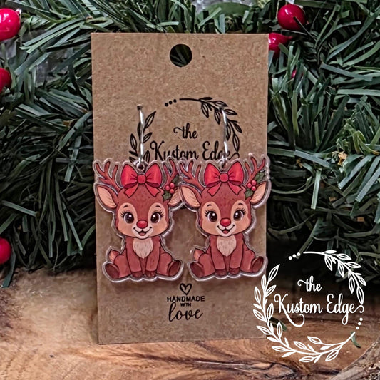 Reindeer Earrings, Acrylic Dangle Earrings, Light Weight Winter Holiday