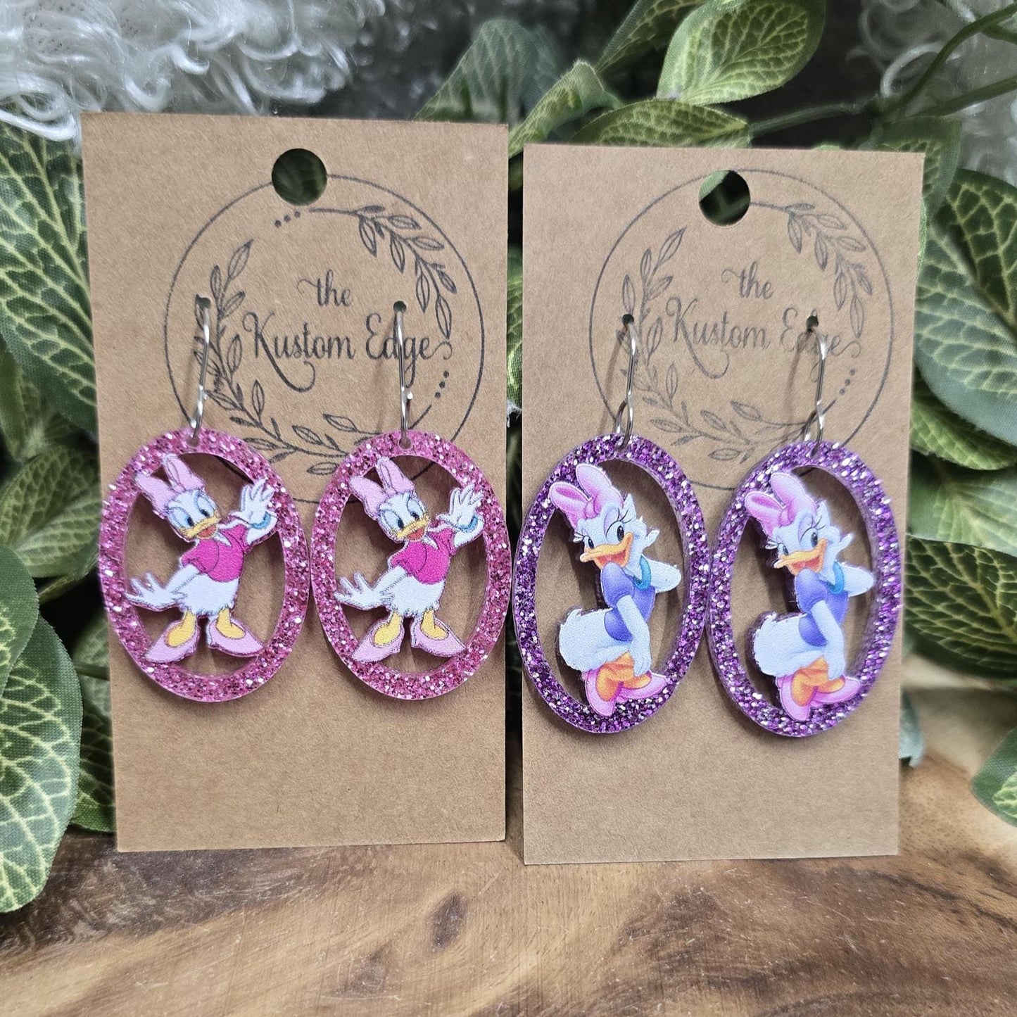 Daisy Duck Dangle Oval Drop Earrings, Sassy Duck, Lightweight Glitter Jewelry, Stainless Steel