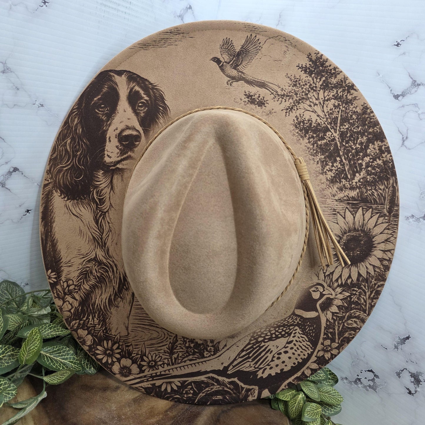 Springer Spaniel Wide Brim Engraved Hat, Hunting Dog Fedora, Pheasant Western Hat, Country Boho Ranch Hat