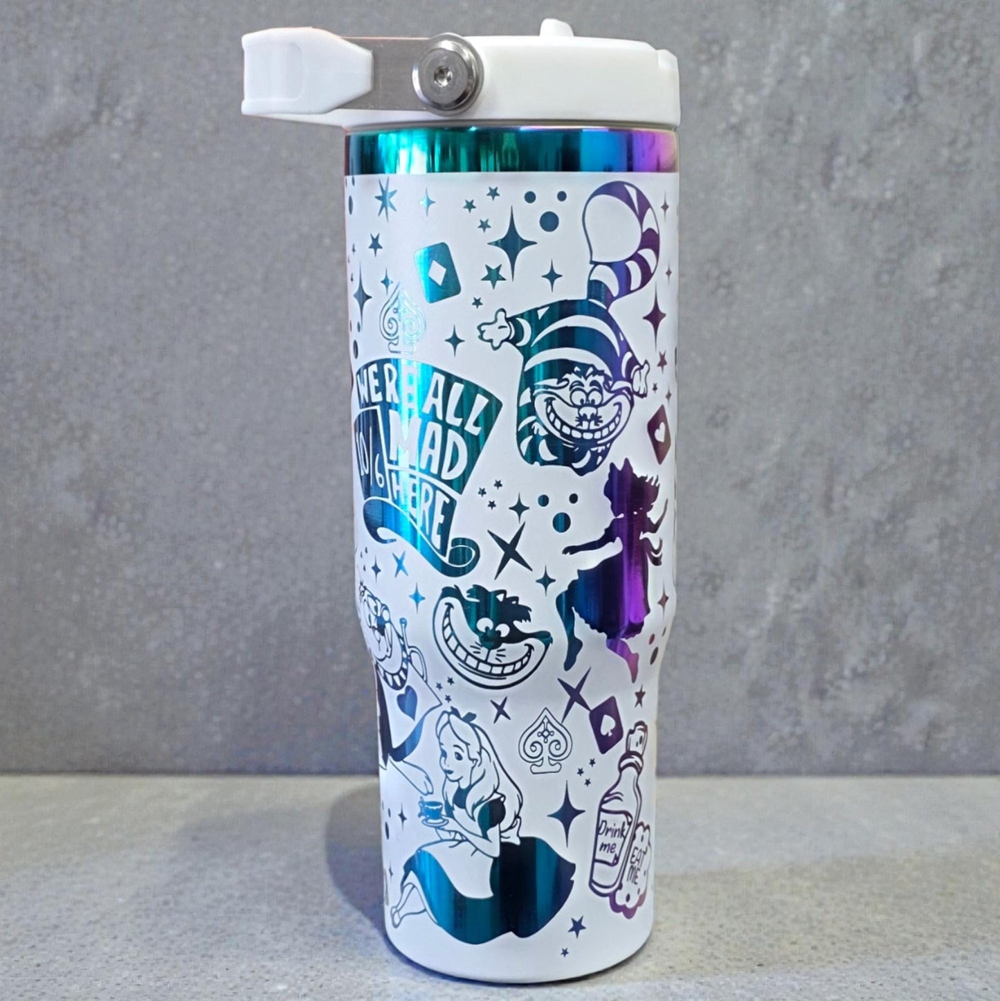 Alice in Wonderland Engraved 30oz Tumbler: 'We Are All Mad Here' Stainless Steel Cup