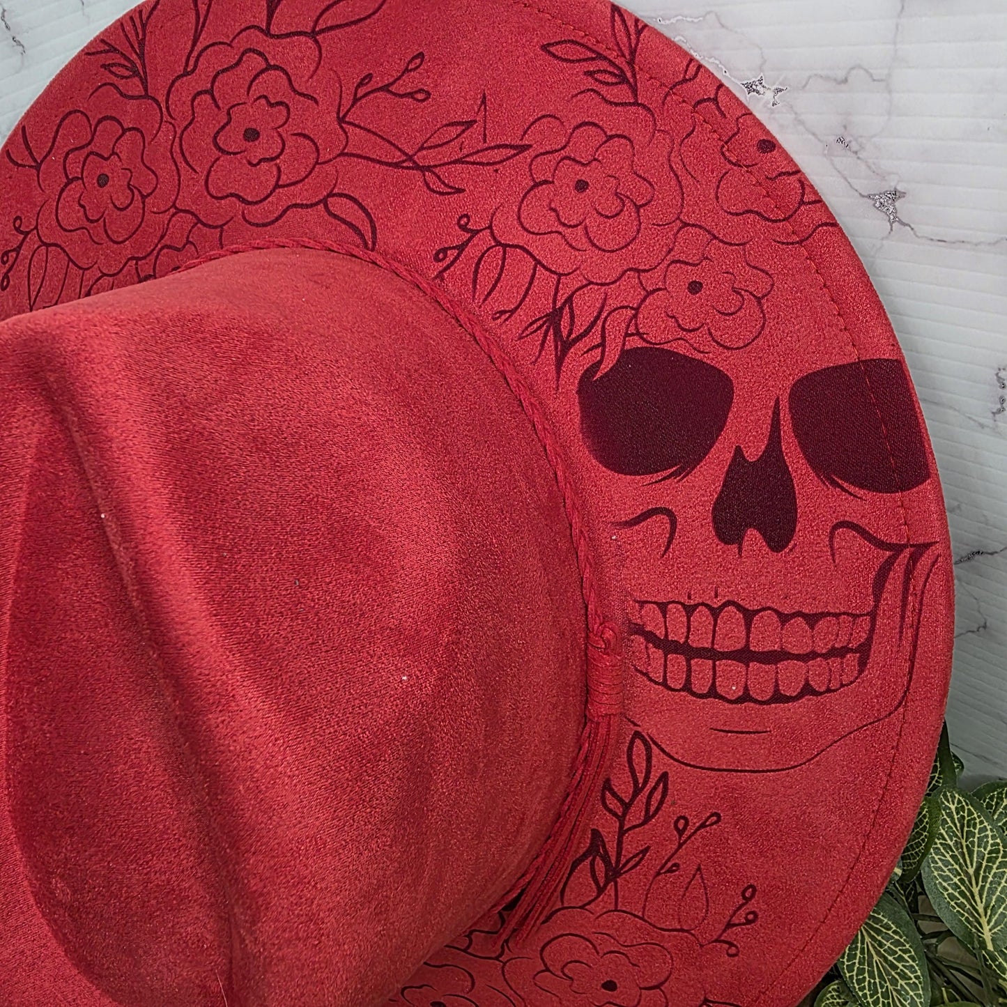 Sugar Skull Floral Wide Brim Hat, Laser Engraved Fedora, Skeleton Flower Hat