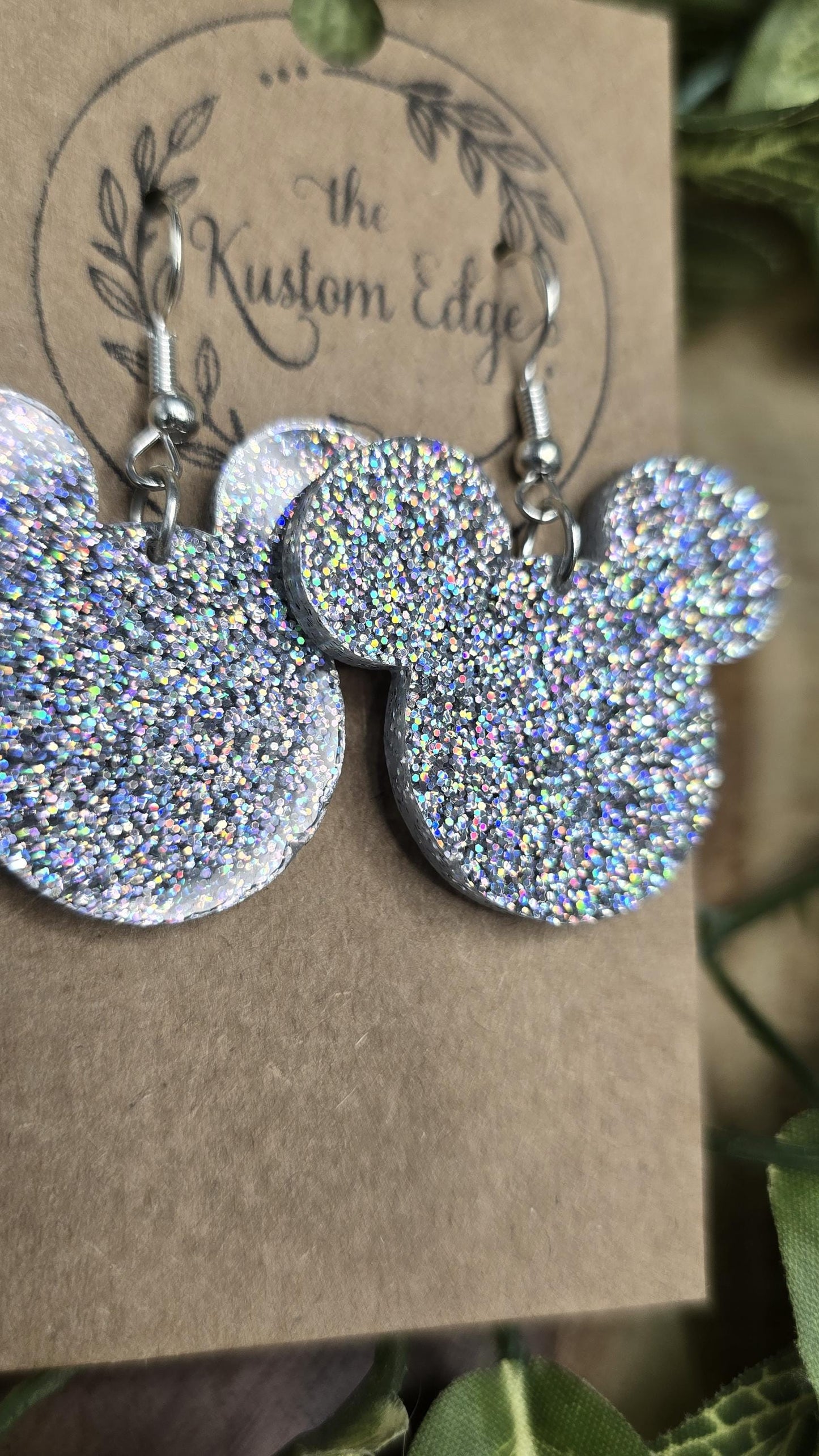 Silver Glitter Mouse Earrings: Laser Cut Acrylic Dangles