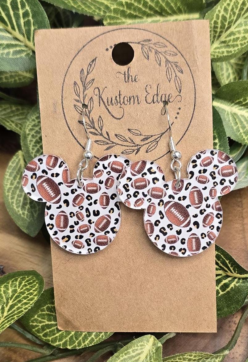 Football and Leopard Mouse Dangle Earrings, Patterned Acrylic, Laser Cut, Perfect Gift For Her, Handmade Drop Earrings, Magical Earrings