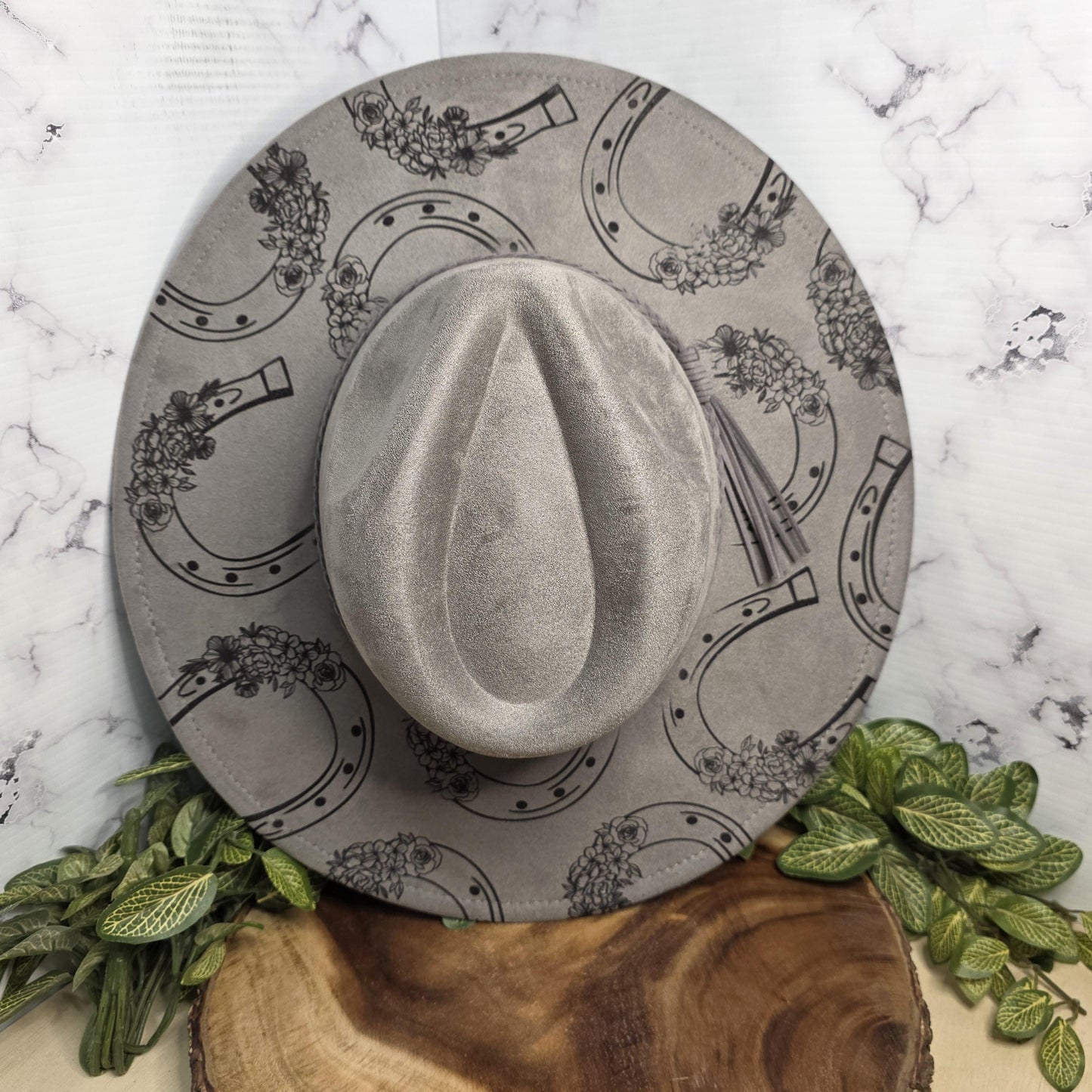 Horseshoe Wide Brim Hat, Western Cowgirl Boho Gift, Lucky Floral Design, Country, Statement Fedora