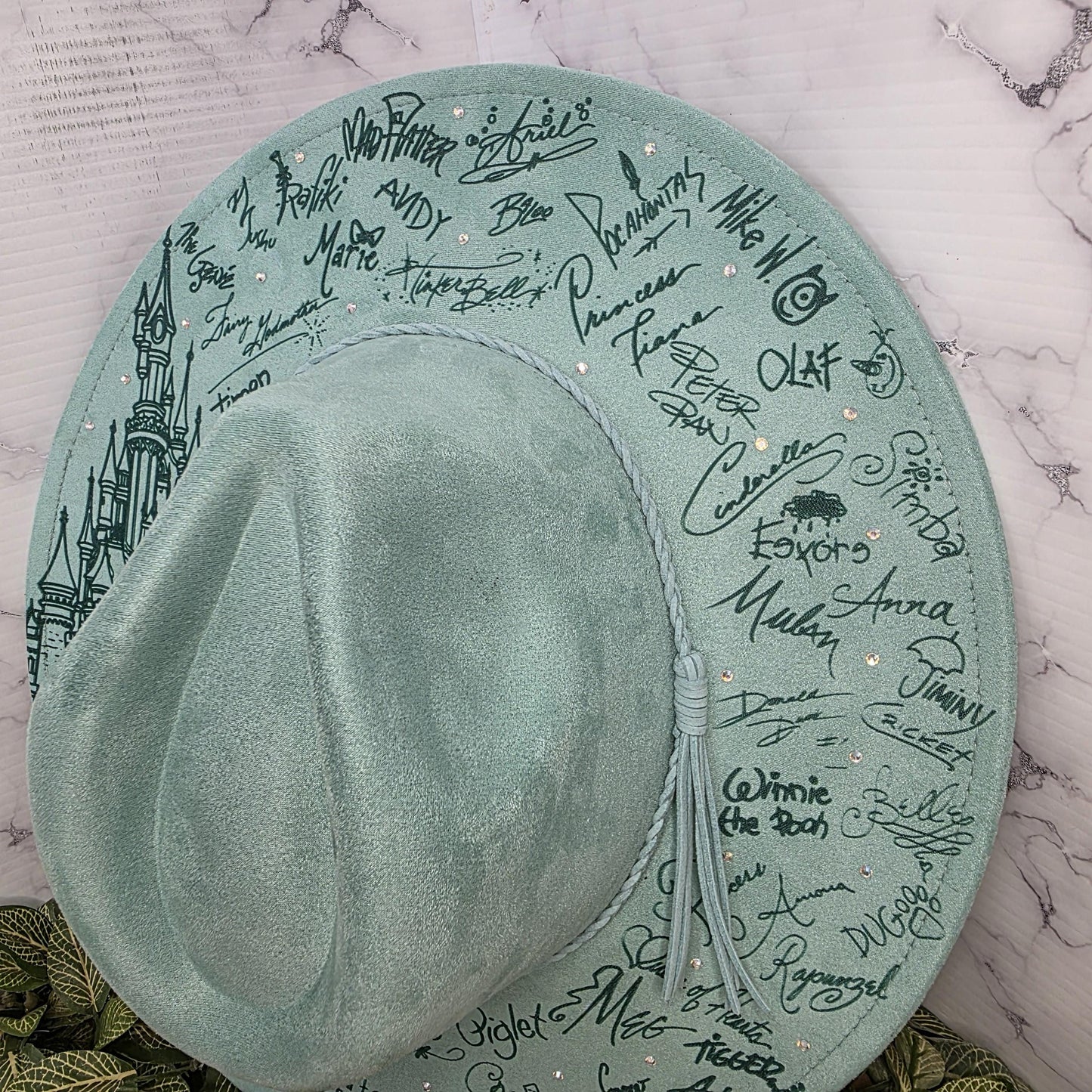 Fairytale Signature and Castle Engraved Wide Brim Hat, Rhinestone Western Fedora, Fantasy Inspired