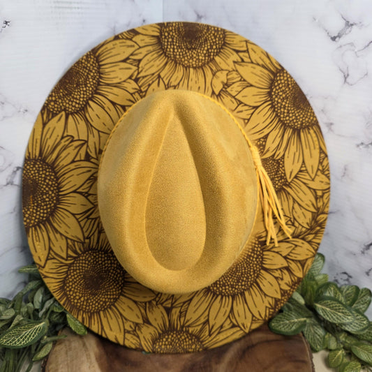 Laser Engraved Sunflower Hat | Personalized Wide Brim Vegan Suede Hat | Custom Boho Gift