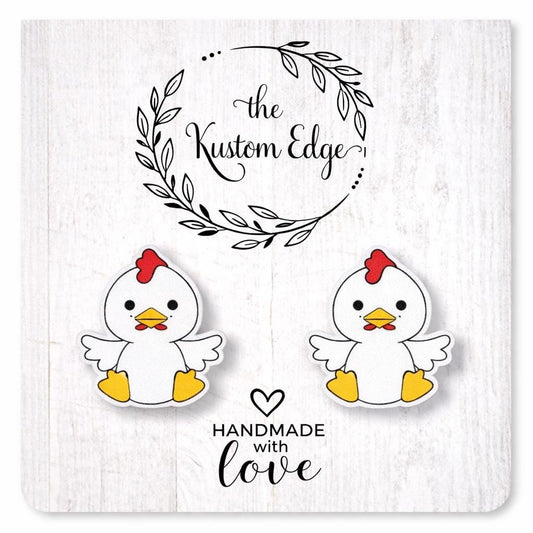 Chicken Stud Earrings, Stainless Steel Posts, Farm Animal Jewelry, Handmade