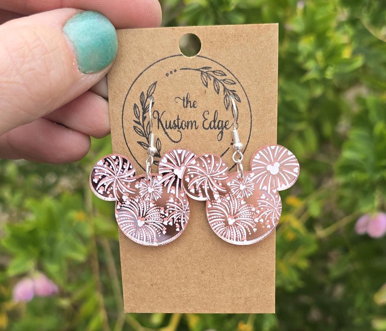 Fireworks Mouse Head Dangle Earrings, Mirror Pink Acrylic, Acrylic Dangle Statement Earrings Patriotic Earrings Summer Earrings Gift For Her