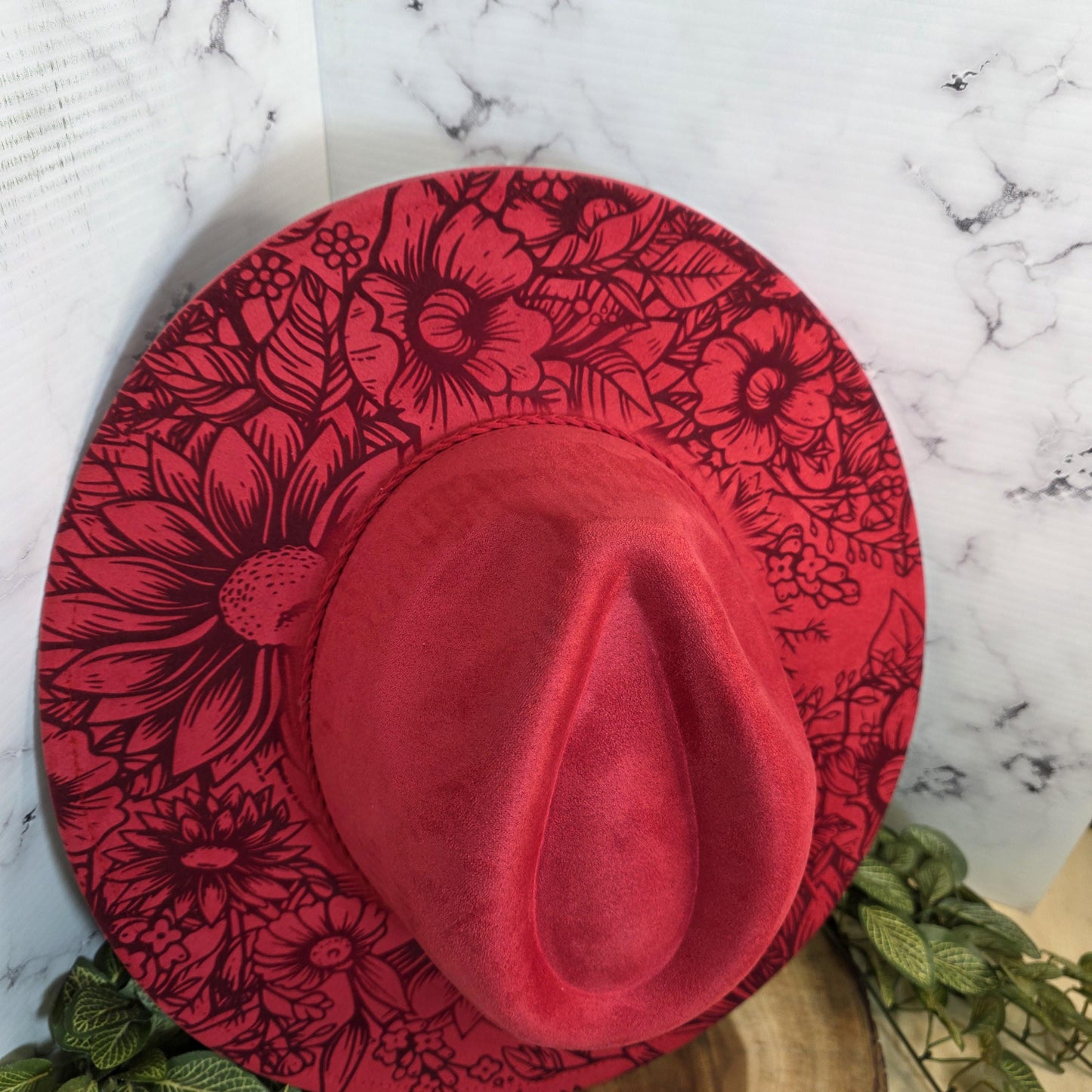 Western Horse Fedora Burned Hat, Boho Vegan Suede Wide Brim Hat