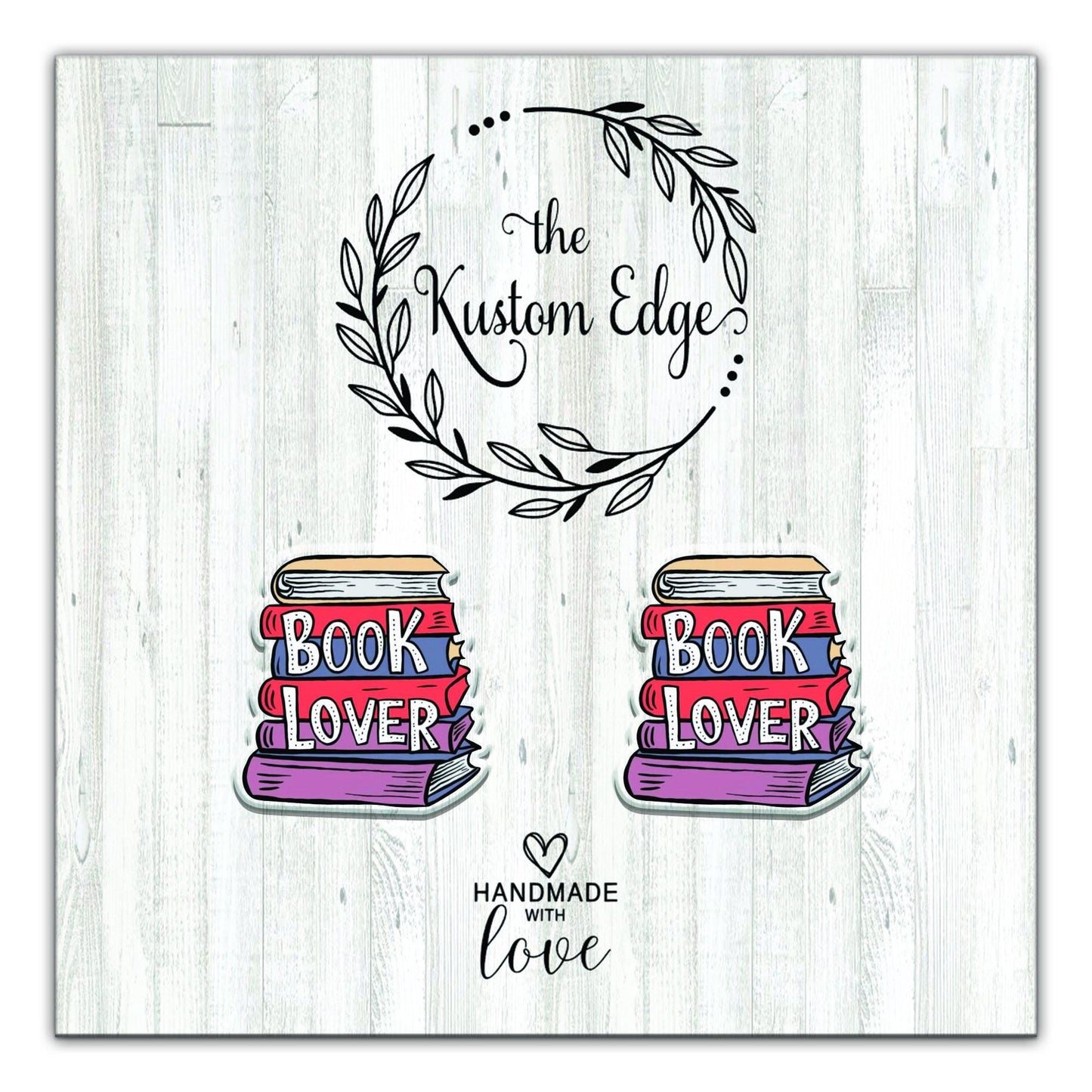 Book Lover stud earrings on The Kustom Edge branded earring card