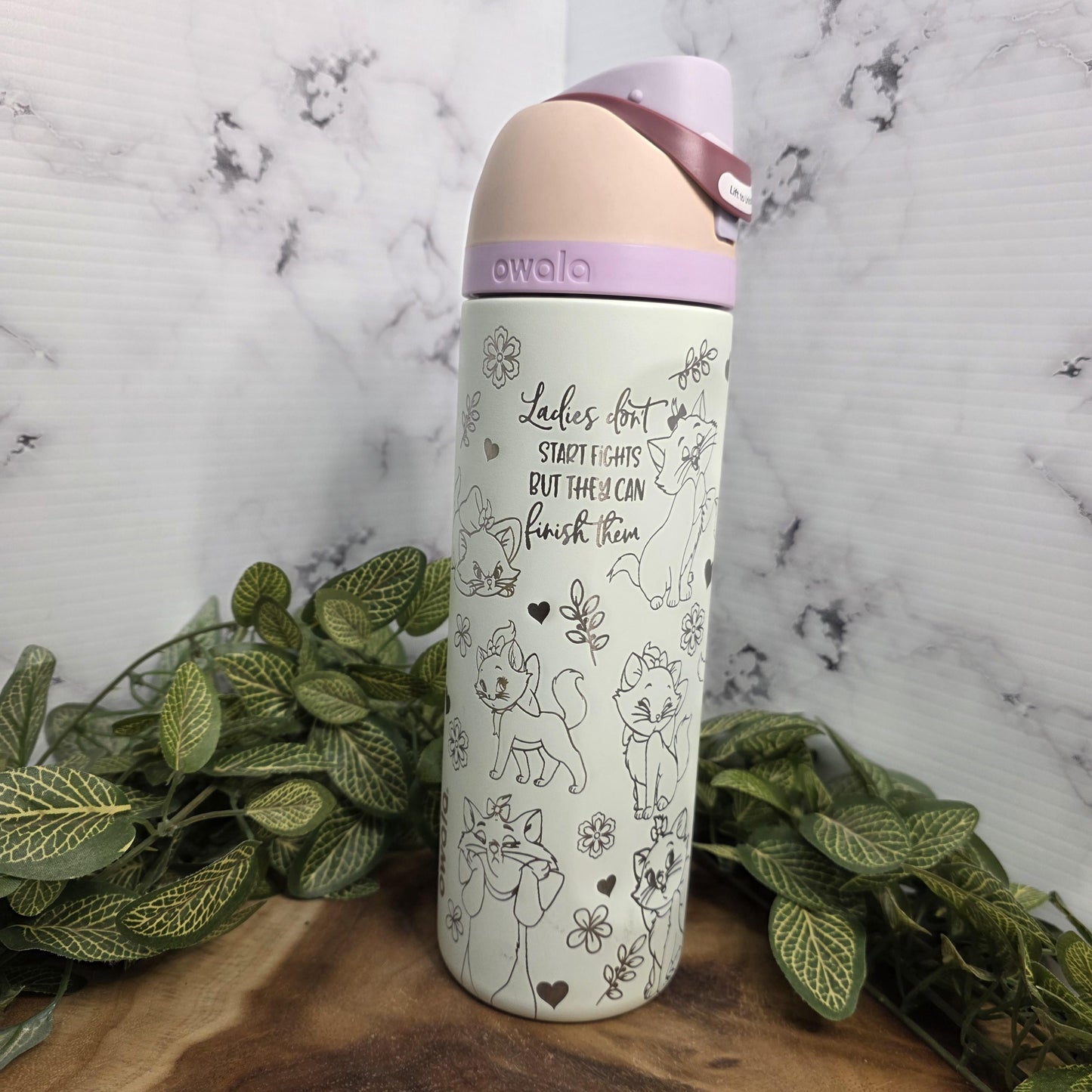 Marie Sassy Cat Engraved Owala Tumbler, Kitten Water Bottle Girly Gift, Cat Lover Cup