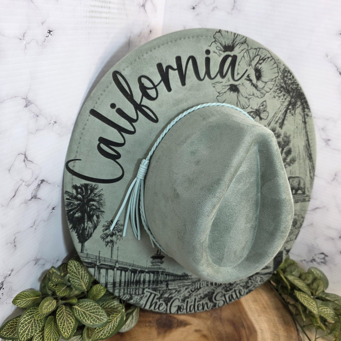 California Wide Brim Hat, Golden State Gift, West Coast Boho, Palm Trees, Poppies