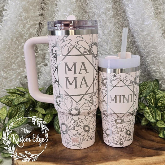 Mama and Mini Set Daisy Engraved Tumbler, Water Bottle Mother's Day Gift Etched Stainless Steel Cup Personalized Tumbler Flower Cup For Her