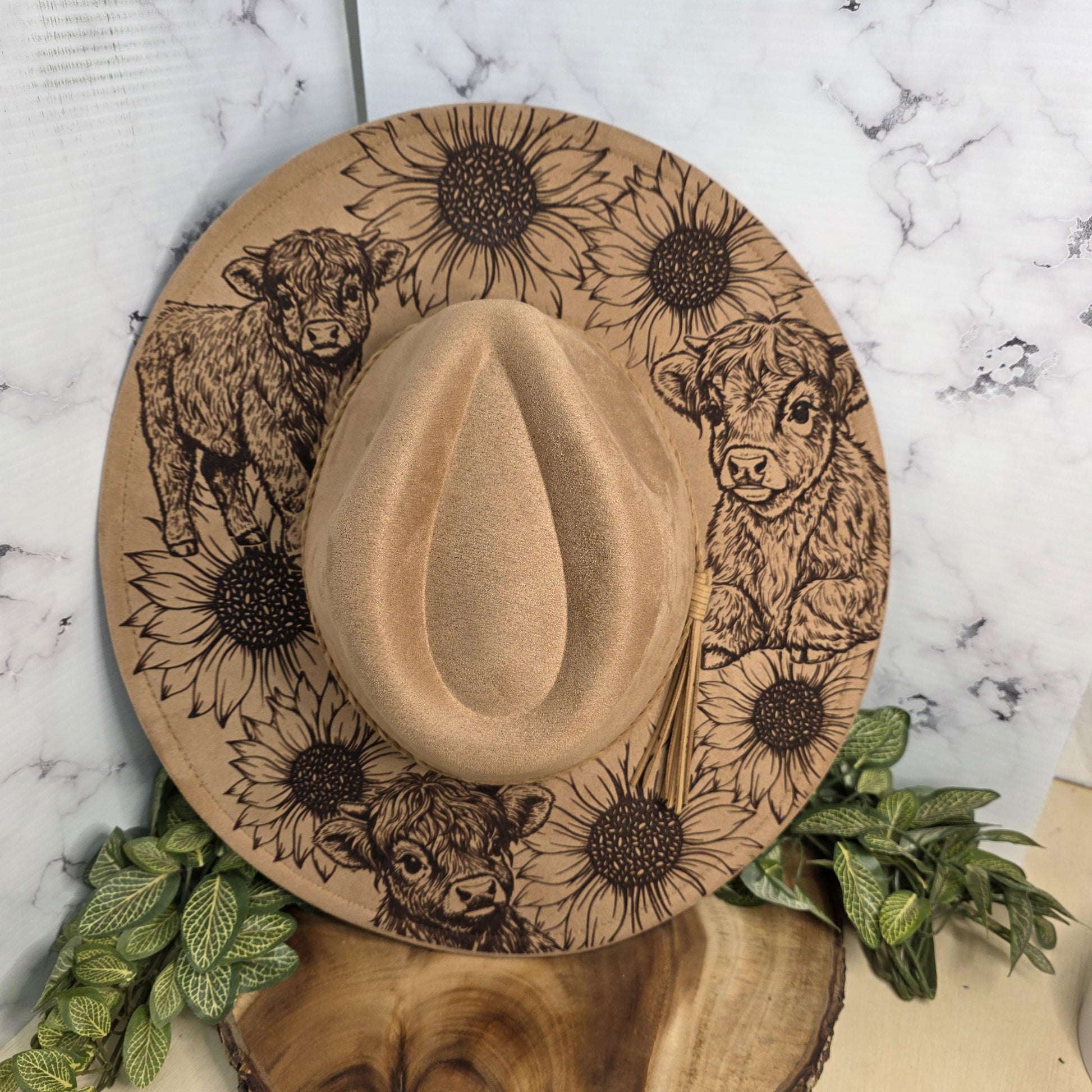 Wide brim vegan suede hat with sunflower highland cow engraving