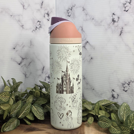 Laser engraved Owala tumbler with princess castle and character artwork