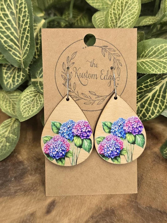 Hydrangea Dangle Earrings: Laser Cut Wood, Hypoallergenic Stainless Steel