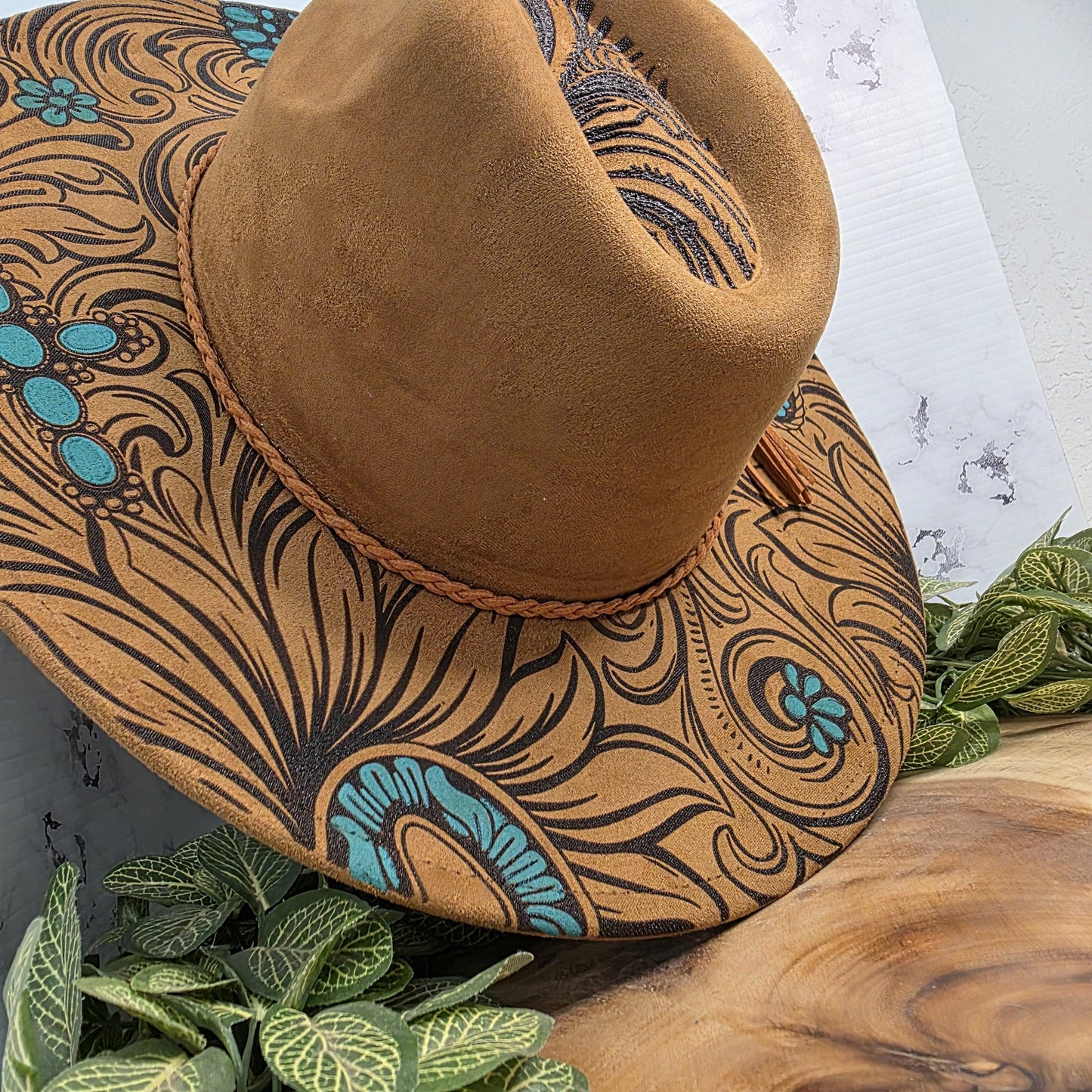 Western Turquoise Engraved Wide Brim Hat, Boho Cowgirl Vegan Suede Fedora, Boutique Rodeo Fashion