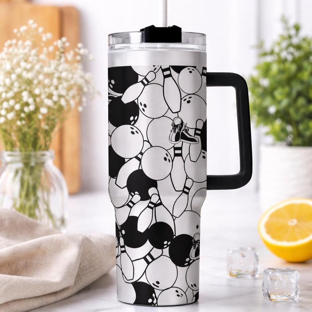 Bowling Tumbler with Handle, Bowling Pin Pattern Travel Mug, Gift for Bowlers