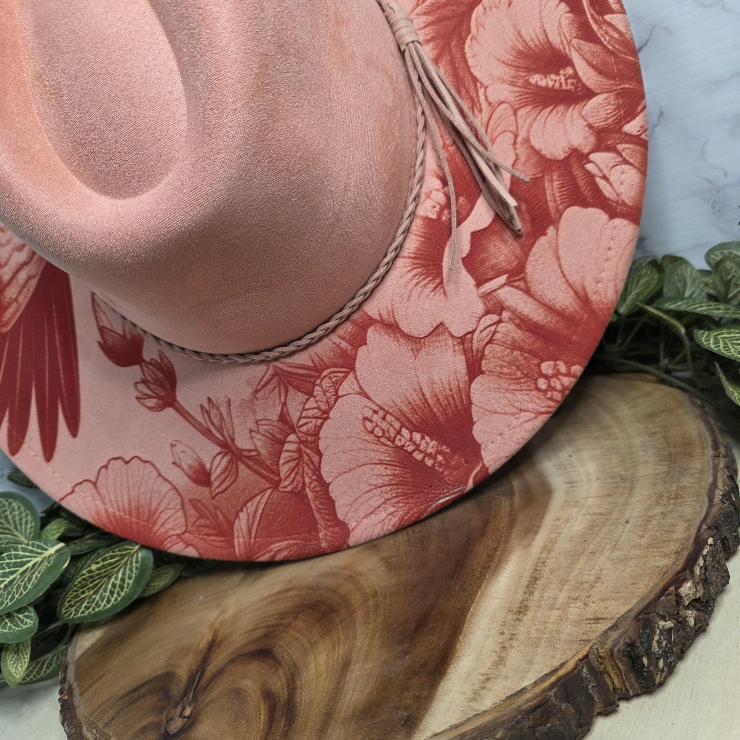 Hummingbird Engraved Wide Brim Hat, Floral Boho Western Vegan Suede Fedora, Nature Inspired Boutique