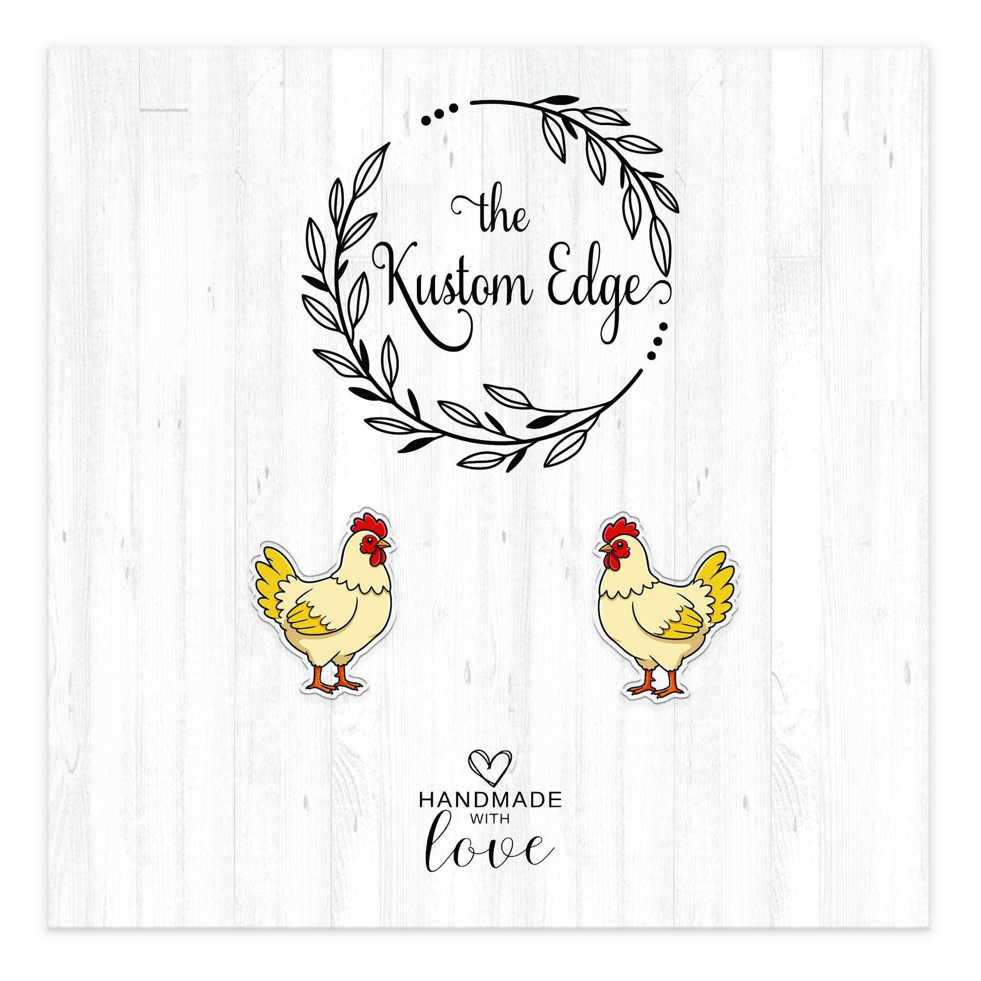 Chicken stud earrings on The Kustom Edge branded earring card