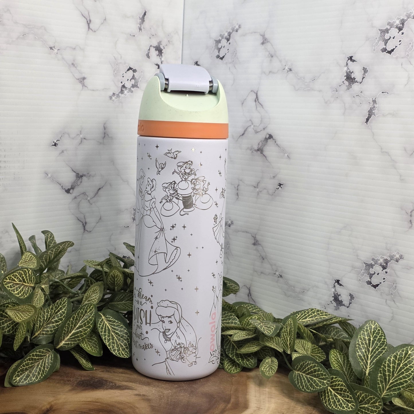 Insulated Owala tumbler engraved glass slipper castle illustration