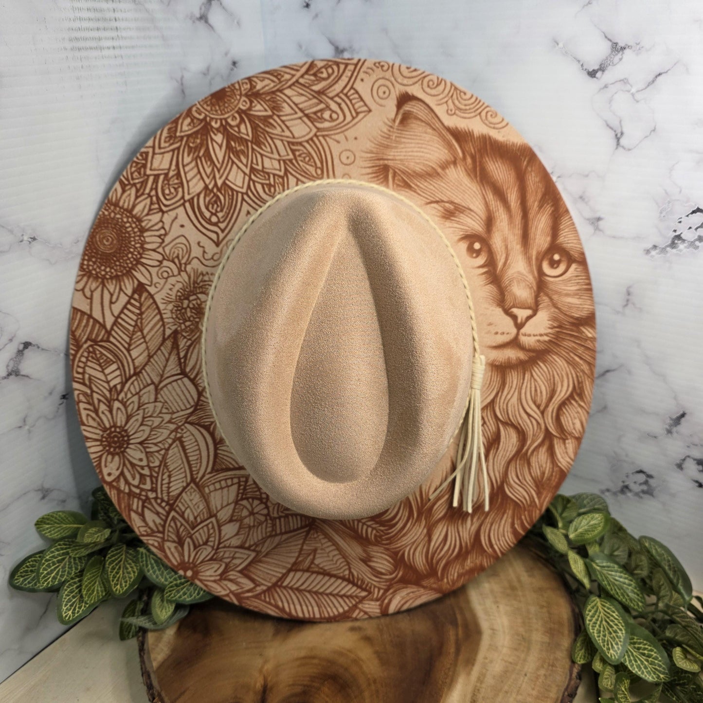 Cat Flowers Wide Brim Hat, Feline Lover Boho Gift, Floral Mandala, Unique Pet Portrait