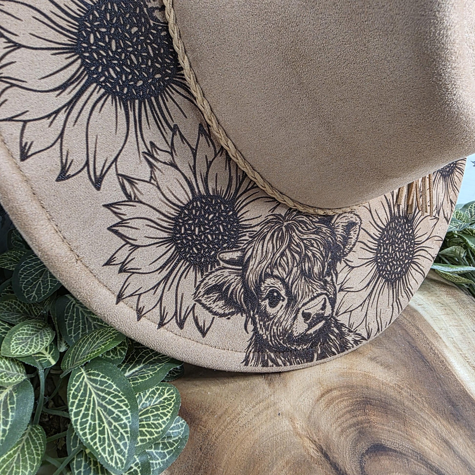 Adjustable vegan suede fedora hat with engraved farm animal design