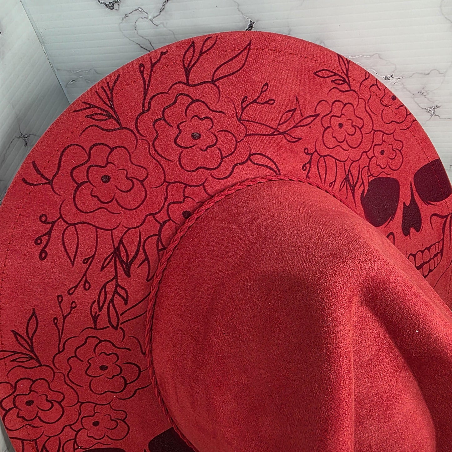 Sugar Skull Floral Wide Brim Hat, Laser Engraved Fedora, Skeleton Flower Hat