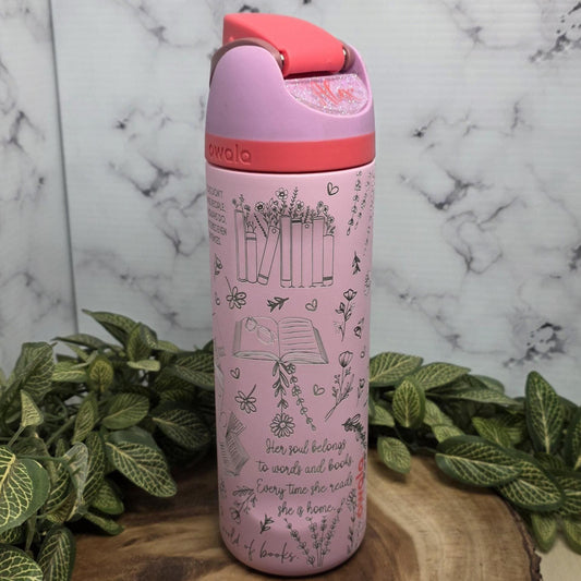 engraved owala tumbler book lover design floral books