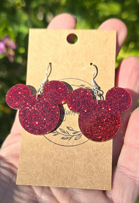 Red Glitter Mouse Earrings: Laser Cut Acrylic Dangle Earrings