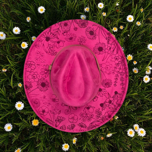 Wildflower Wide Brim Hat, Laser Engraved Fedora, Boho Floral Cap, Gift Women, Meadow Flower