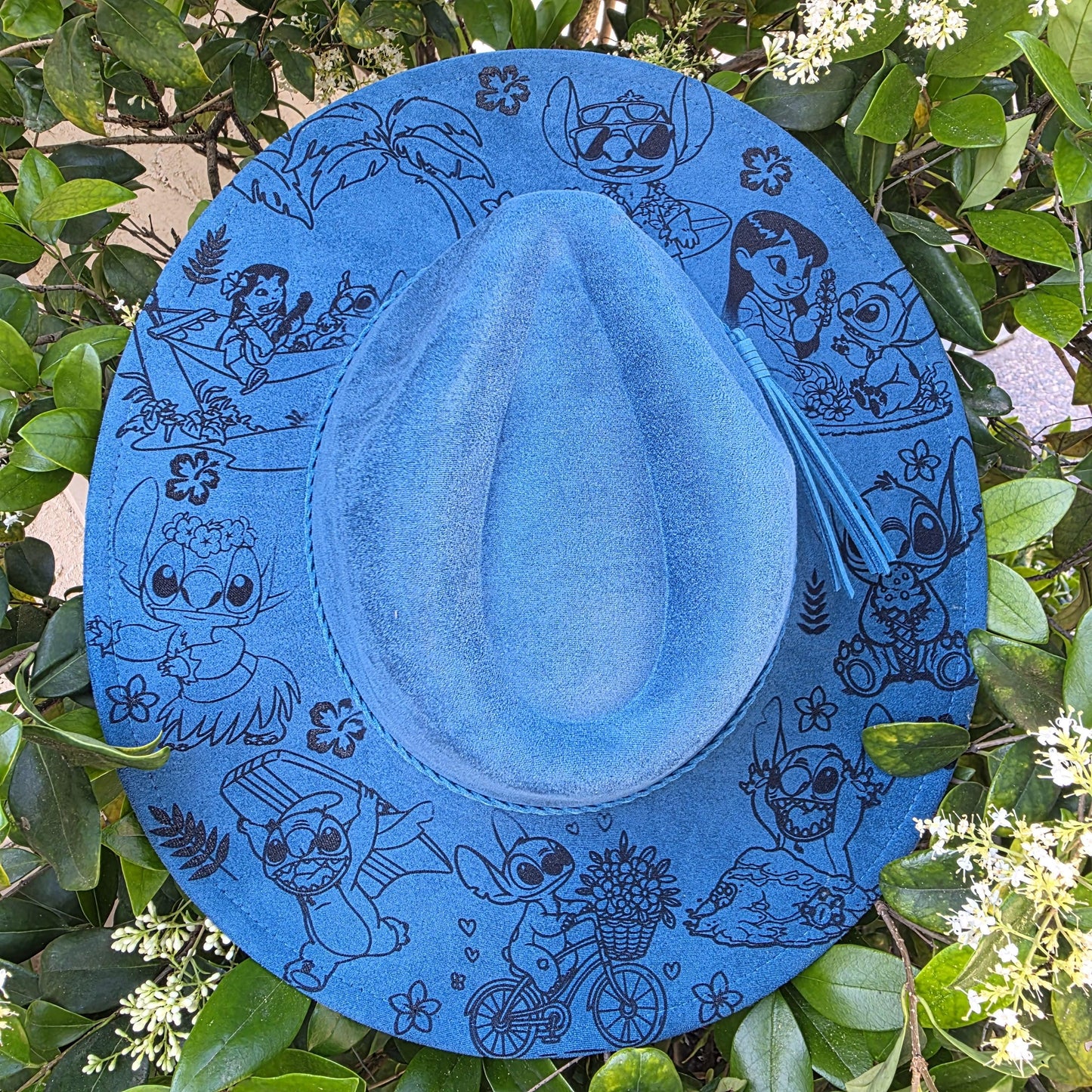 Summertime Stitch Fedora Burned Hat, Silly Alien, Characters, Boho Vegan Suede Wide Brim Hat