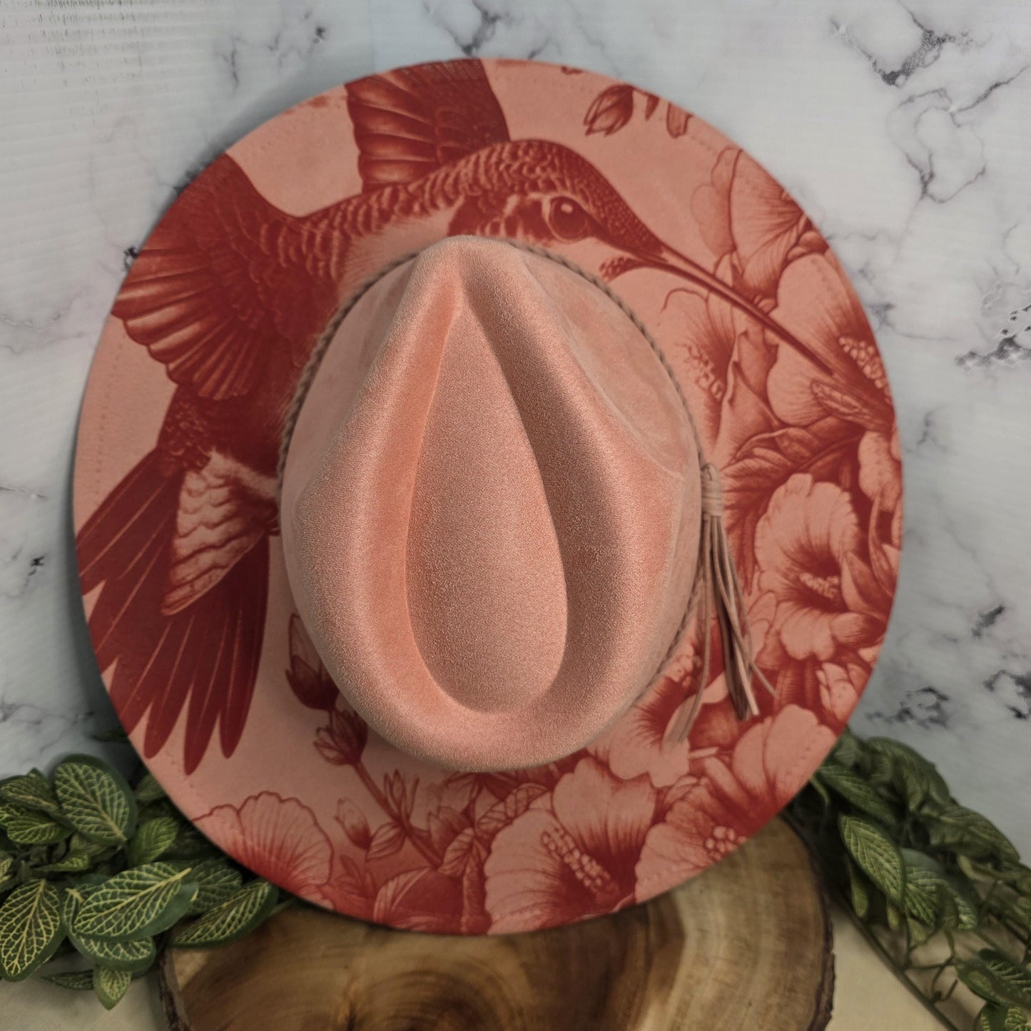 Hummingbird Engraved Wide Brim Hat, Floral Boho Western Vegan Suede Fedora, Nature Inspired Boutique