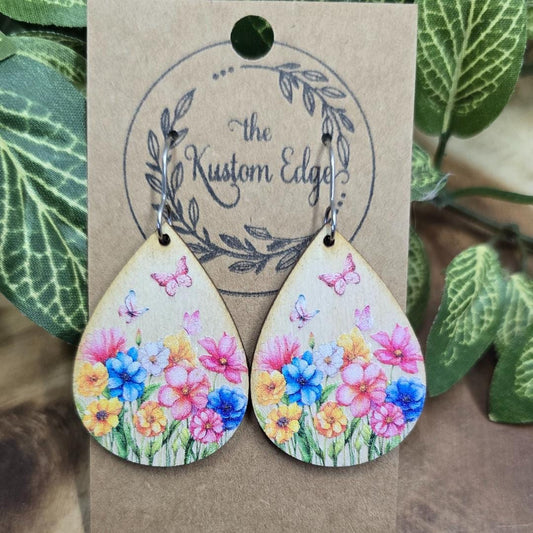 Watercolor Flowers Butterflies Dangle Earrings, Printed on Light Weight Wood, Laser Cut Handmade Earrings Gift For Her, Wild Flower Earrings