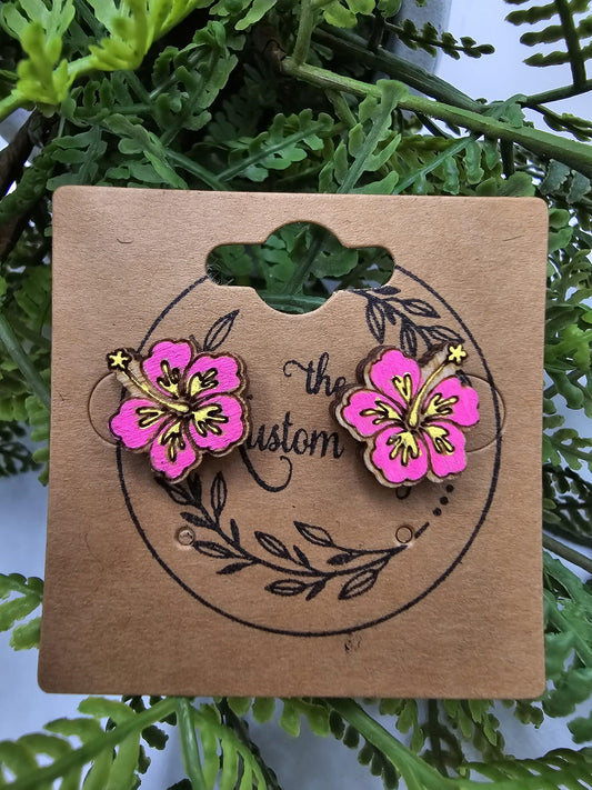 Hand Painted Hibiscus Wooden Stud Earrings image 0