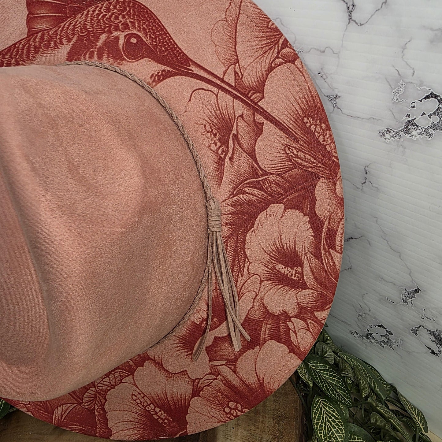 Hummingbird Engraved Wide Brim Hat, Floral Boho Western Vegan Suede Fedora, Nature Inspired Boutique
